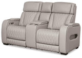 Signature Design by Ashley Boyington Contemporary Leather Match Power Reclining Loveseat with Console and USB Charging Ports, LED Lights and Adjustable Headrest, Light Gray Signature Design by Ashley