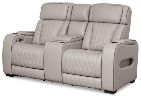 Signature Design by Ashley Boyington Contemporary Leather Match Power Reclining Loveseat with Console and USB Charging Ports, LED Lights and Adjustable Headrest, Light Gray Signature Design by Ashley