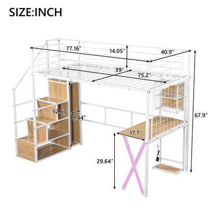 Metal Twin Size Loft Bed with Desk and Stairs,Heavy Duty Loft Bed Frame with Wardrobe and LED Lights,Loft Bed Twin Size with Storage Shelves for Kids,Teens,Adults,Space Saving,White