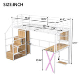 RuiSiSi Metal Twin Loft Bed with Staircase, Heavy Duty Metal Loft Bed Frame with Desk and LED Lights, White RuiSiSi