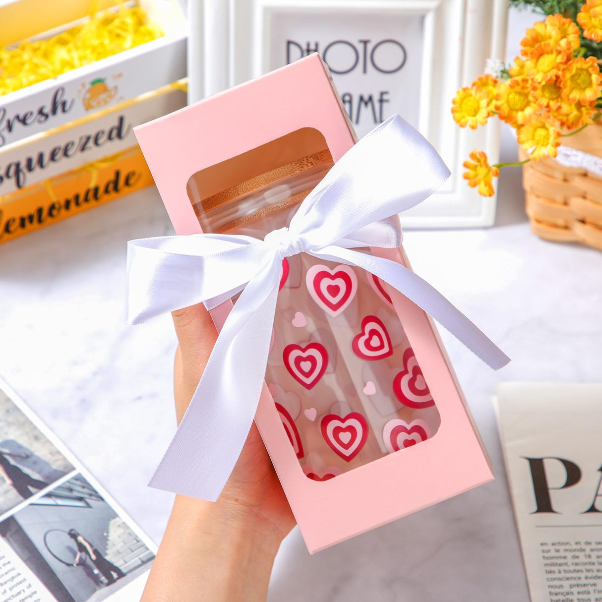 Fulmoon 12 Sets Sublimation Glass Gift Boxes Christmas Thank You Glass Cup Boxes with Ribbon Gift Wrap Boxes for Thanksgiving Christmas Shipping Blanks Sublimation Gift Wrapping(Pink) Fulmoon