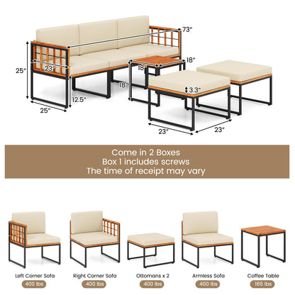 Tangkula 6 Pieces Acacia Wood Patio Furniture Set, Patiojoy Outdoor Sectional Conversation Sofa Set with Cushions, Coffee Table and Ottomans, Patio Seating Sofas for Garden, Poolside, Backyard (Beige)