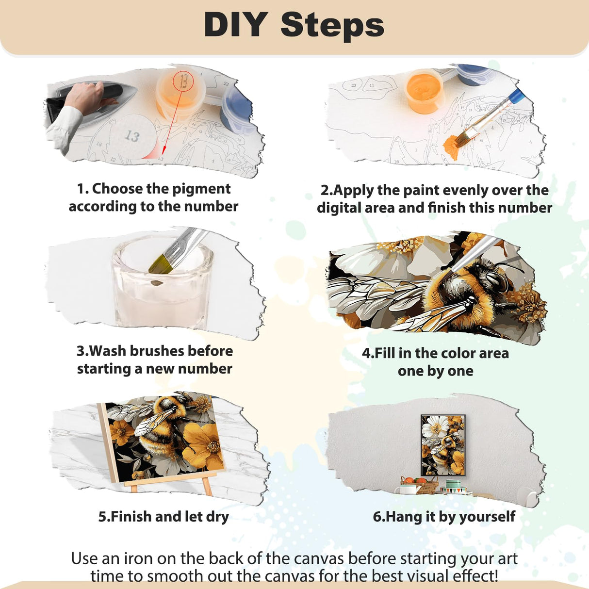 EOBROMD Paint by Numbers Kits for Adults Bee Flowers, DIY Kits Crafts for Beginner on Canvas, 3 Paint Brushes and Acrylic Paint for Home Decor 16x20inch(Without Frame) EOBROMD