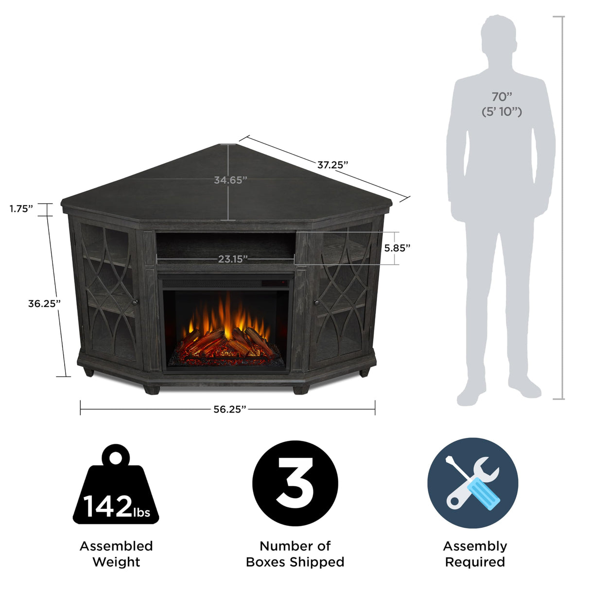 Real Flame Lynette 56" Corner Electric Fireplace TV Stand for TVs up to 55 inches, Entertainment Center with Electric Fireplace, Living Room TV Stand with Fireplace. Real Flame