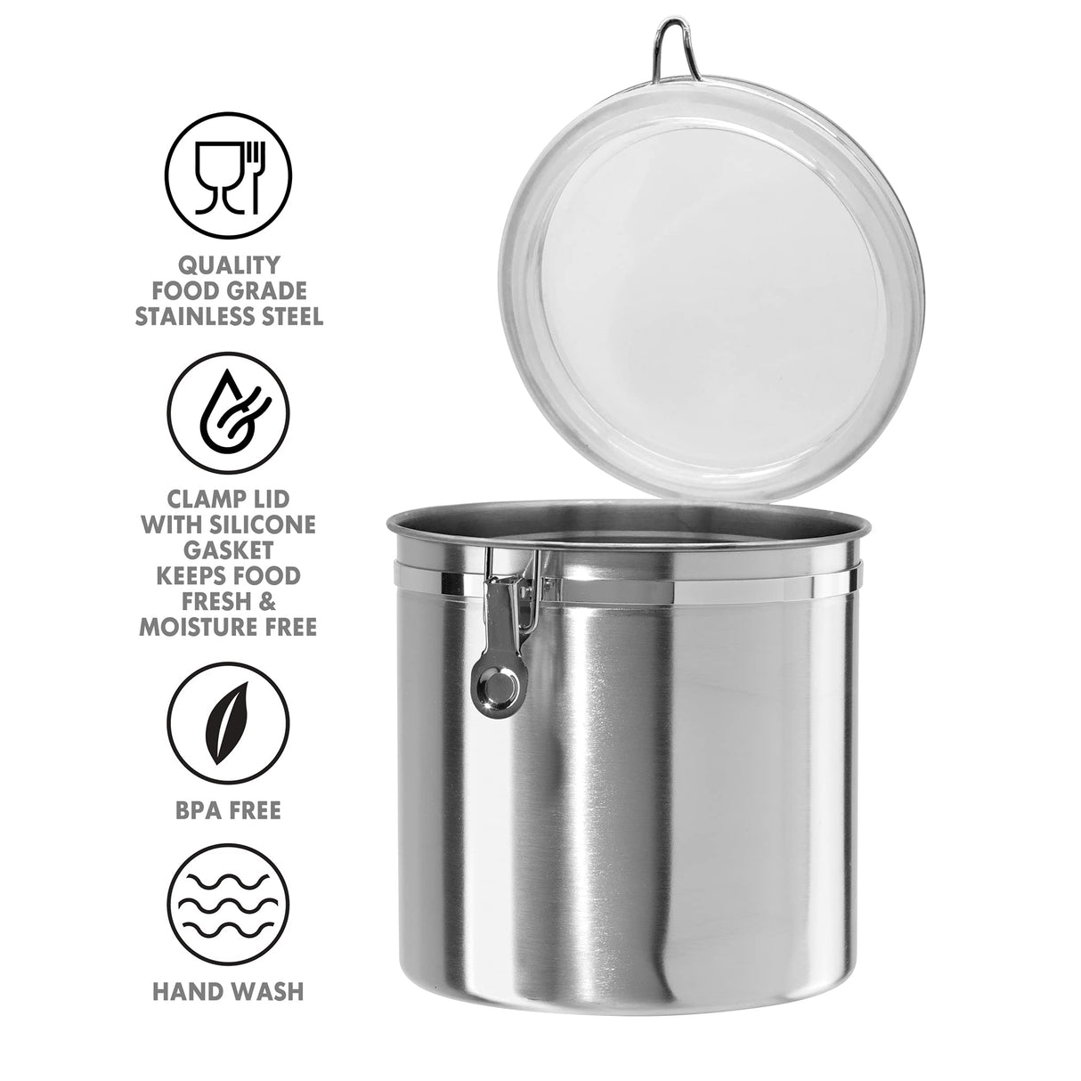 Oggi Stainless Steel Kitchen Canister 152 fl oz - Airtight Clamp Lid, Clear See-Thru Top - Ideal for Kitchen Storage, Food Storage, Pantry Storage. Jumbo Size 8" x 8". Oggi