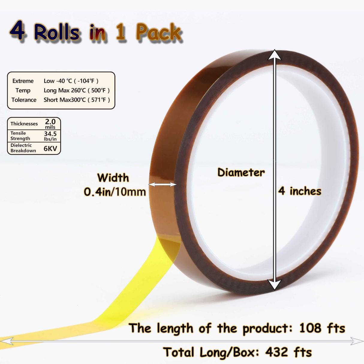 Valley'sYuMiao 4Rolls,10mm×108ft, Heat Transfer/Resistant Tape, Sublimation Tape for Transfer/Resistant, Heat Vinyl Press Tape, Polyimide Tape, No Residue, Total 432fts, Max Temp 500℉/260℃/533K Valley'sYuMiao