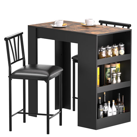 VECELO Small Bar Table and Chairs Tall Kitchen Breakfast Nook with Stools/Dining Set for 2, Storage Shelves, Space-Saving, Retro VECELO