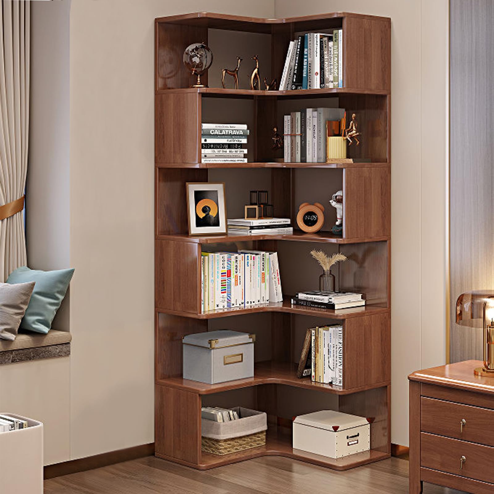 KINGBO 75" Tall 6-Tier Walnut Corner Bookshelf - Solid Wood Organizer for Living Room, Bedroom, and Home Office - WoodArtSupply