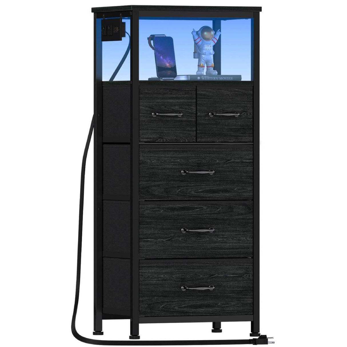 Furnulem Vertical Dresser with Charging Station and LED Lights, Black Chest of Drawers with Shelf and 5 Fabric Bins, Tall Nightstand for Entryway, Closet, Bedside Table, Wood Top, Bedroom Furniture Furnulem