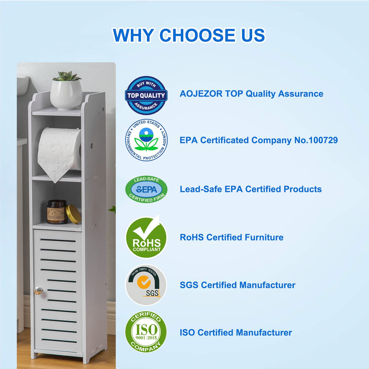 AOJEZOR Toilet Paper Holder Stand: Bathroom Storage Cabinet Beside Toilet for Small Space Bathroom with Toilet Roll Holder - White AOJEZOR