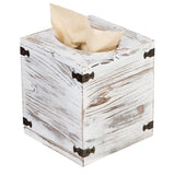 Distressed Farmhouse Square Solid Wood Tissue Box Cover with Slide-Out Bottom Panel Honey Brown Tissue Box Holder for Bathroom Living Room Dining Room Bedroom Toilet (Washed White) canwedance