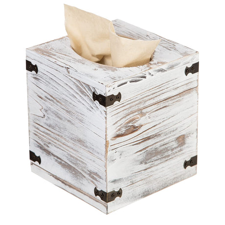 Distressed Farmhouse Square Solid Wood Tissue Box Cover with Slide-Out Bottom Panel Honey Brown Tissue Box Holder for Bathroom Living Room Dining Room Bedroom Toilet (Washed White) canwedance