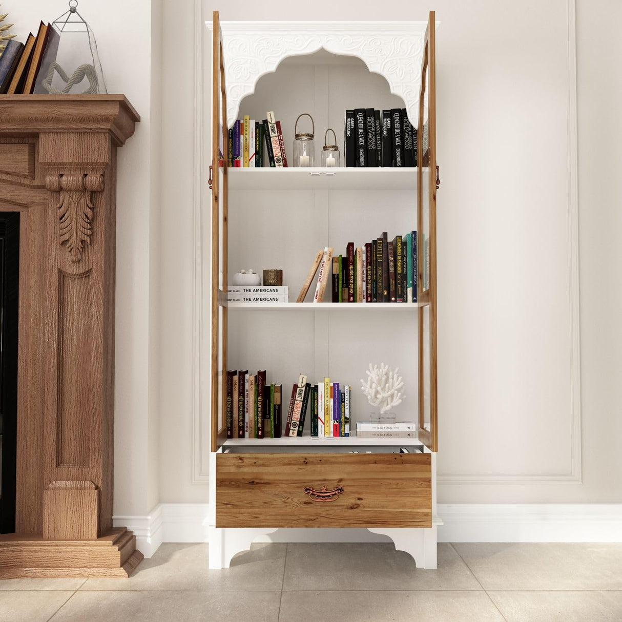 TAMUNE Carved Storage Cabinet with 2 Glass Doors & Drawer, Pooja Mandir with 3-Tier Shelves, Decorative Cabinet Display Cabinet for Living Room White and Walnut (31.5”W x 15.7”D x 70.9”H) TAMUNE