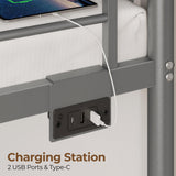 Rolanstar Metal Bunk Bed Twin Over Twin with USB Charging Station, LED Bunk Bed with 2 Storage Drawers, Bed with Safety Guardrail & Ladders, No Box Spring Needed, Easy Assembly, Grey Rolanstar