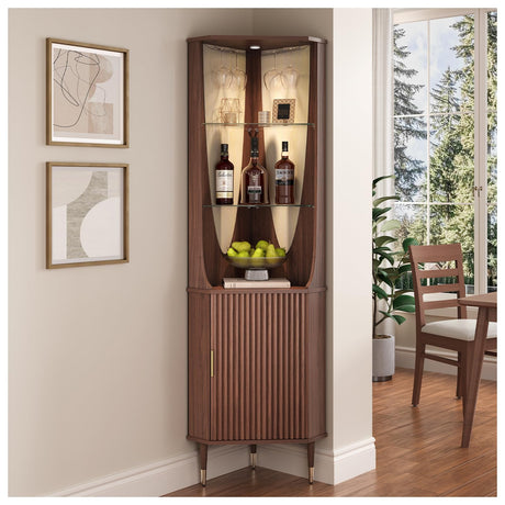 70" Tall Corner Bar Cabinet, Mid-Century Modern Fluted Storage Cabinet with Glass Shelves, Door & LED Lighting, Space-Saving Liquor Cabinet for Living Room, Kitchen, or Dining Room, Walnut JOINICE