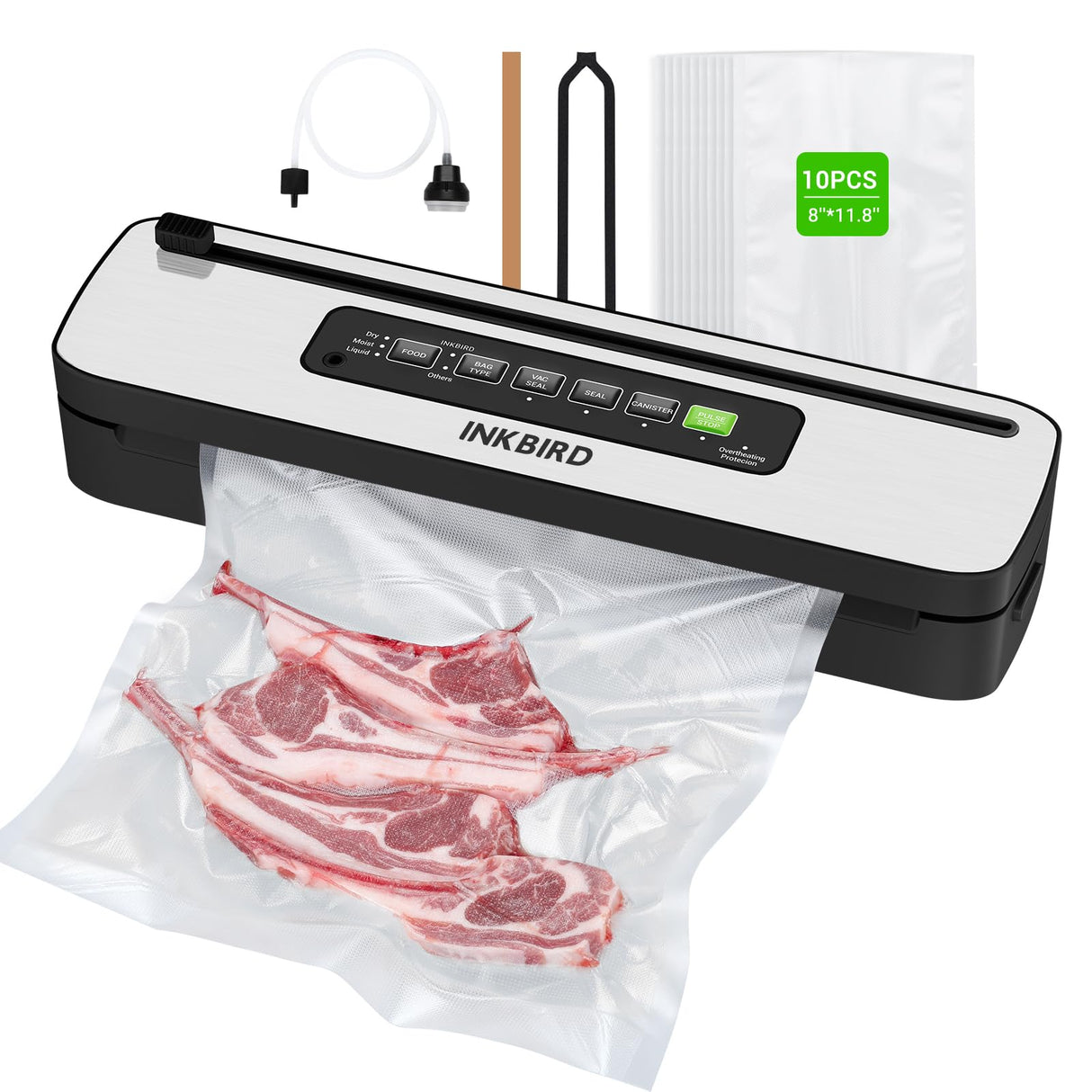 Vacuum Sealer Machine, INKBIRD Powerful 130W High Power with Liquid/Moist/Dry 6-Food Modes, Compact Food Preservation System with Cutter, Full Start Kit with Pre-cut Bags*10 (8''*11.8''), EXT-VAC Inkbird
