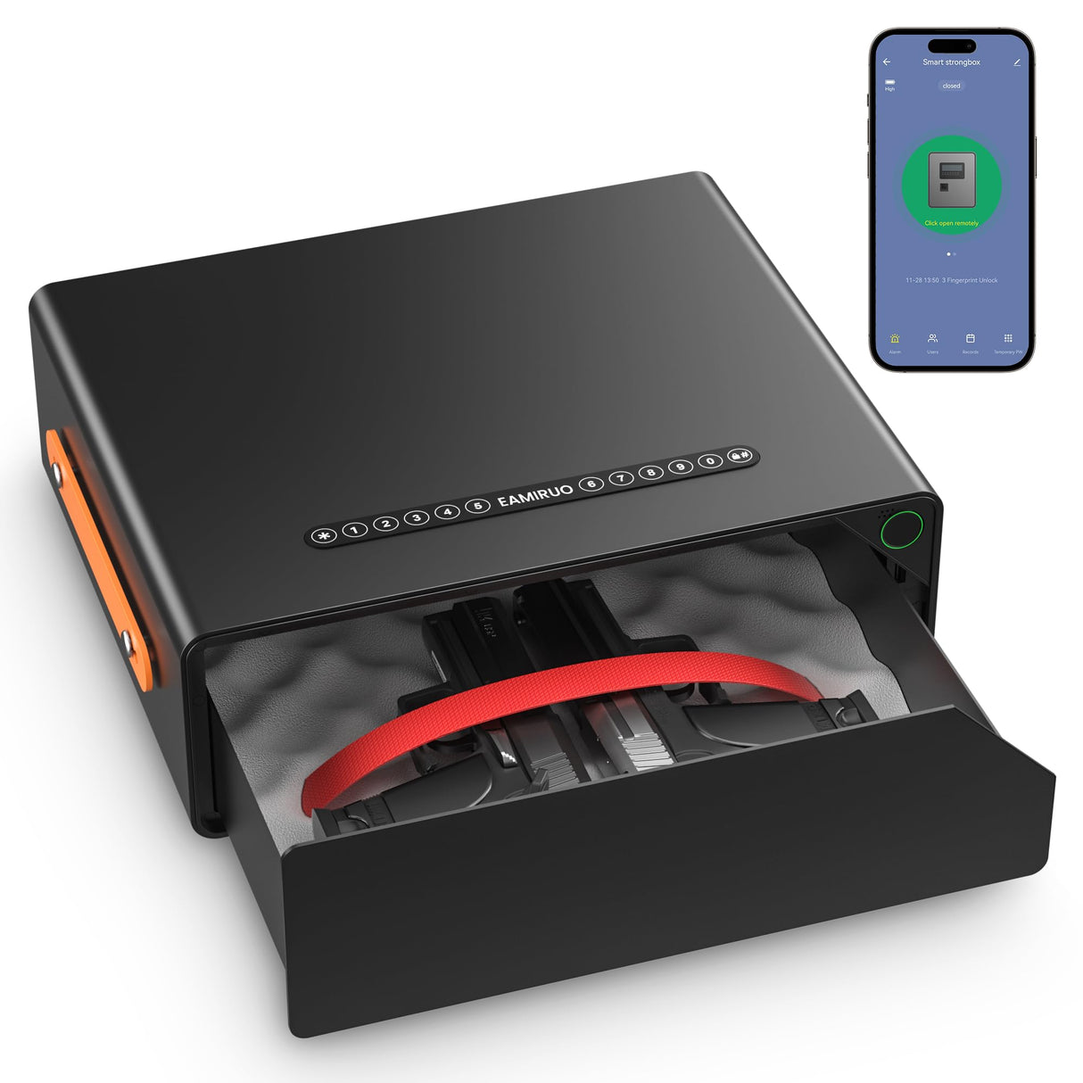 EAMIRUO Gun Safe for Handgun - Biometric Gun Safe for 2-4 Pistols Quick Access Handgun Safe with Fingerprint/Keypad/Key/App Control, Pistol Safe for Nightstand Bedside (Black) EAMIRUO