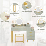 Vanity Desk with Mirror and Lights, Modern Makeup Vanity Table Set with 6 Storage Drawers and Cushioned Stool for Bedroom, Dressing Table with Divided Organizers for Women Girls, Cyan armocity