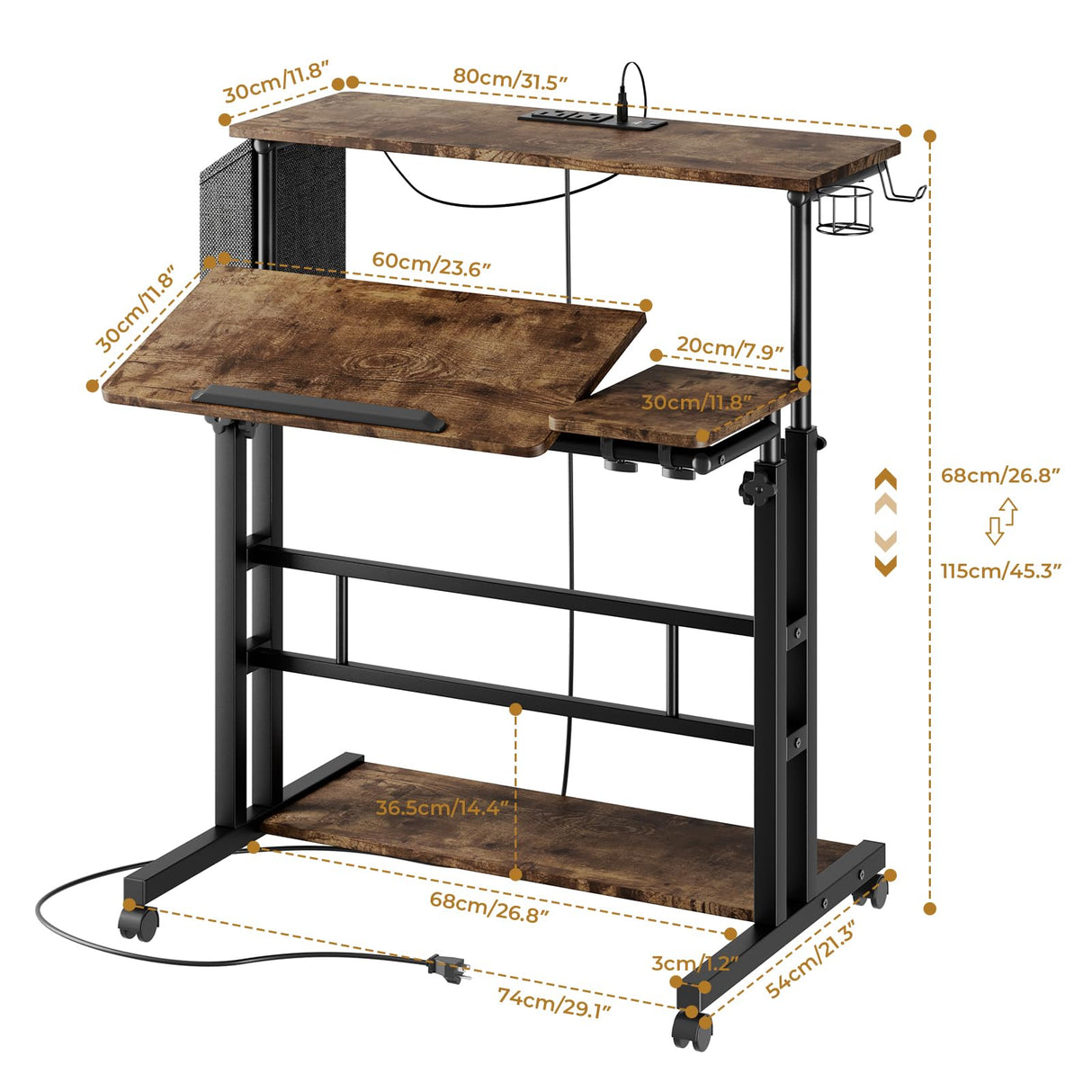 Dripex Mobile Standing Desk with Power Outlets & Strip Lights, Rolling Computer Table with Cup Holder, Hook, Storage Bag, Adjustable Height Desk, Small Standing Desk Drawing Desk Dripex