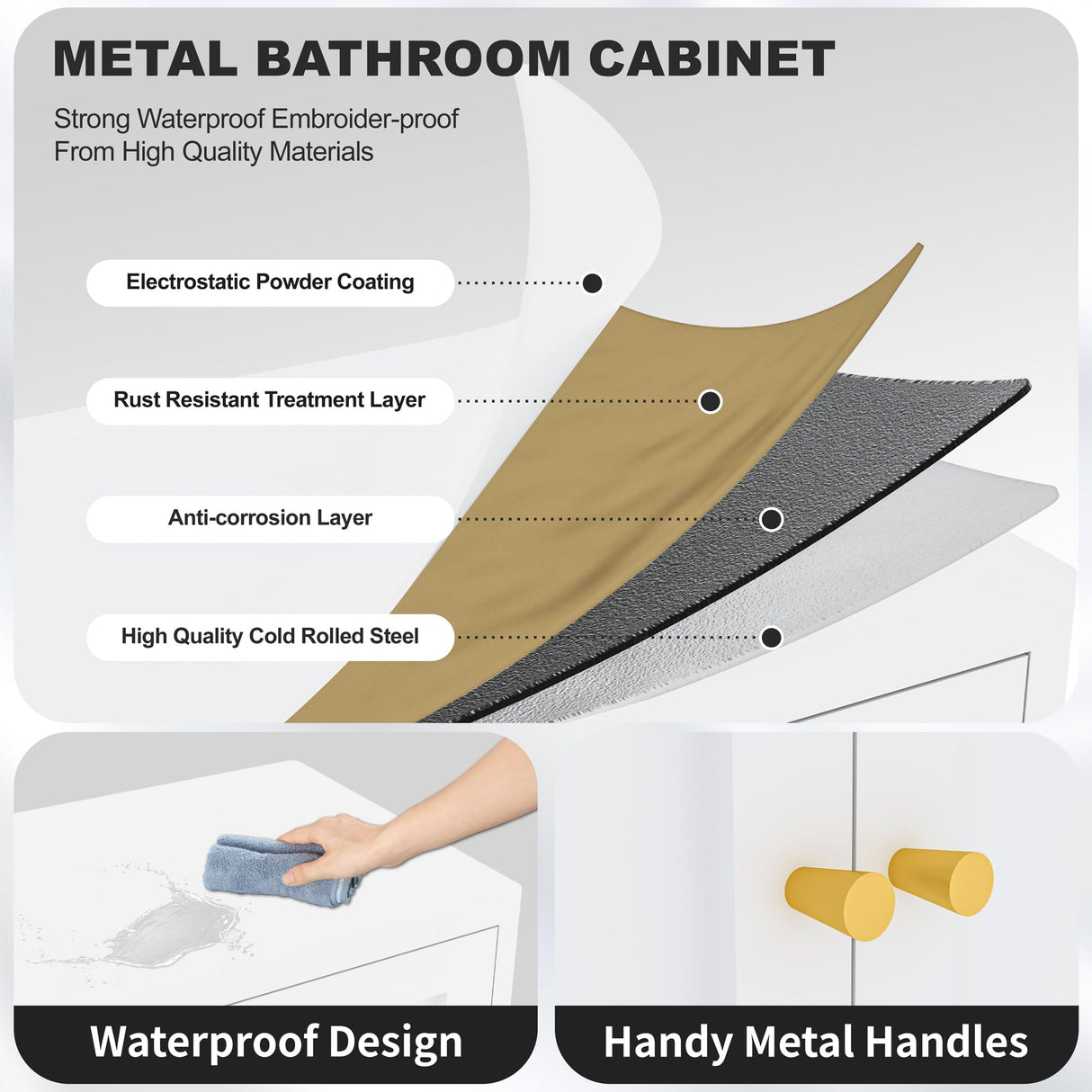 YAUWOH Metal Kitchen Pantry Storage Cabinet, Metal Freestanding Bathroom Floor Cabinetwith 4 Doors & 3 Adjustable Shelves, Metal Storage Cabinet for Bathroom, Living Room, Kitchen, Pantry, White YAUWOH