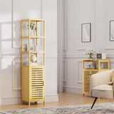HITNET Bathroom Floor Cabinet, 6 Tier Tall Thin Linen Tower Storage Cabinet Free Standing Bamboo, Kitchen Side Organizer with 3 Shelves and Cupboard, Natural HITNET