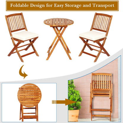 Tangkula 3 PCS Patio Folding Bistro Set, Outdoor Acacia Wood Chair and Table Set w/Padded Cushion& Round Coffee Table, Ideal for Indoor Patio Poolside Garden (Cream) - WoodArtSupply