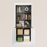 GarveeHome Tall Storage Bookcase with 3-Tier Open Shelves and Double Door, Roman Column Design and 4 Adjustable Lights, White & Black Wood Grain Display Storage Cabinet for Home Office, Living Room GarveeHome