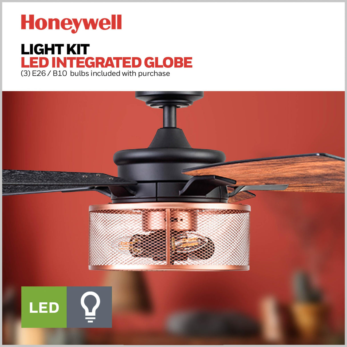 Honeywell Ceiling Fans Carnegie Industrial 52 Inch Ceiling Fan with Light, Remote Control Fan, LED Indoor Fan with 5 Blades, Black Oak and Brown Mopane Blade Finish Options, Copper (51459-01) Honeywell