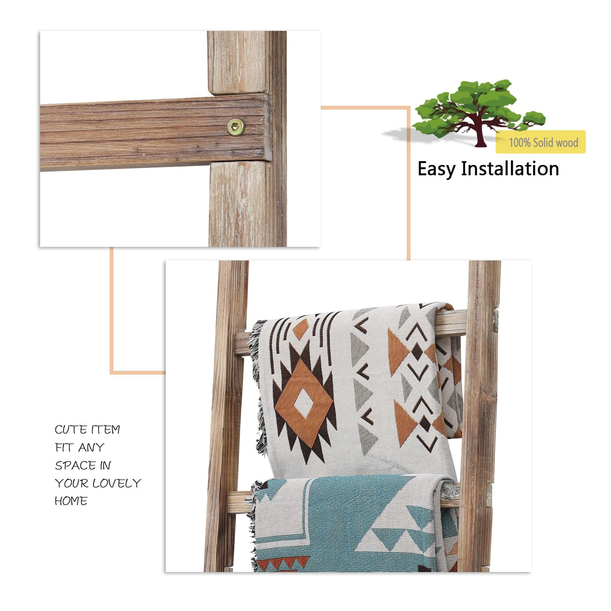 FUIN 6.4ft Extra Wide Wooden Blanket Ladder Living Room Decorative Wal Leaning Farmhouse Quilt Display Holder Rustic Wood Towel Rack for Bathroom, Burnt Brown, 24 inch Wide FUIN