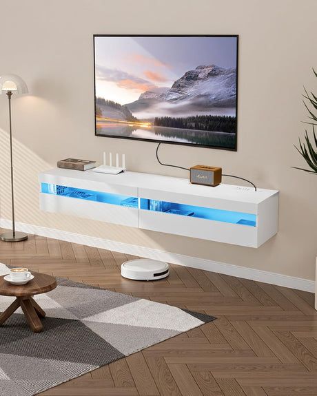 VEVOR Floating TV Stand, 71 in Wall Mount Entertainment Center with Power Outlet & LED Lights, Modern Floating TV Shelf with 2 Drawers & Storage Cabinet for DVD Player, Cable Box, Game Console, White VEVOR