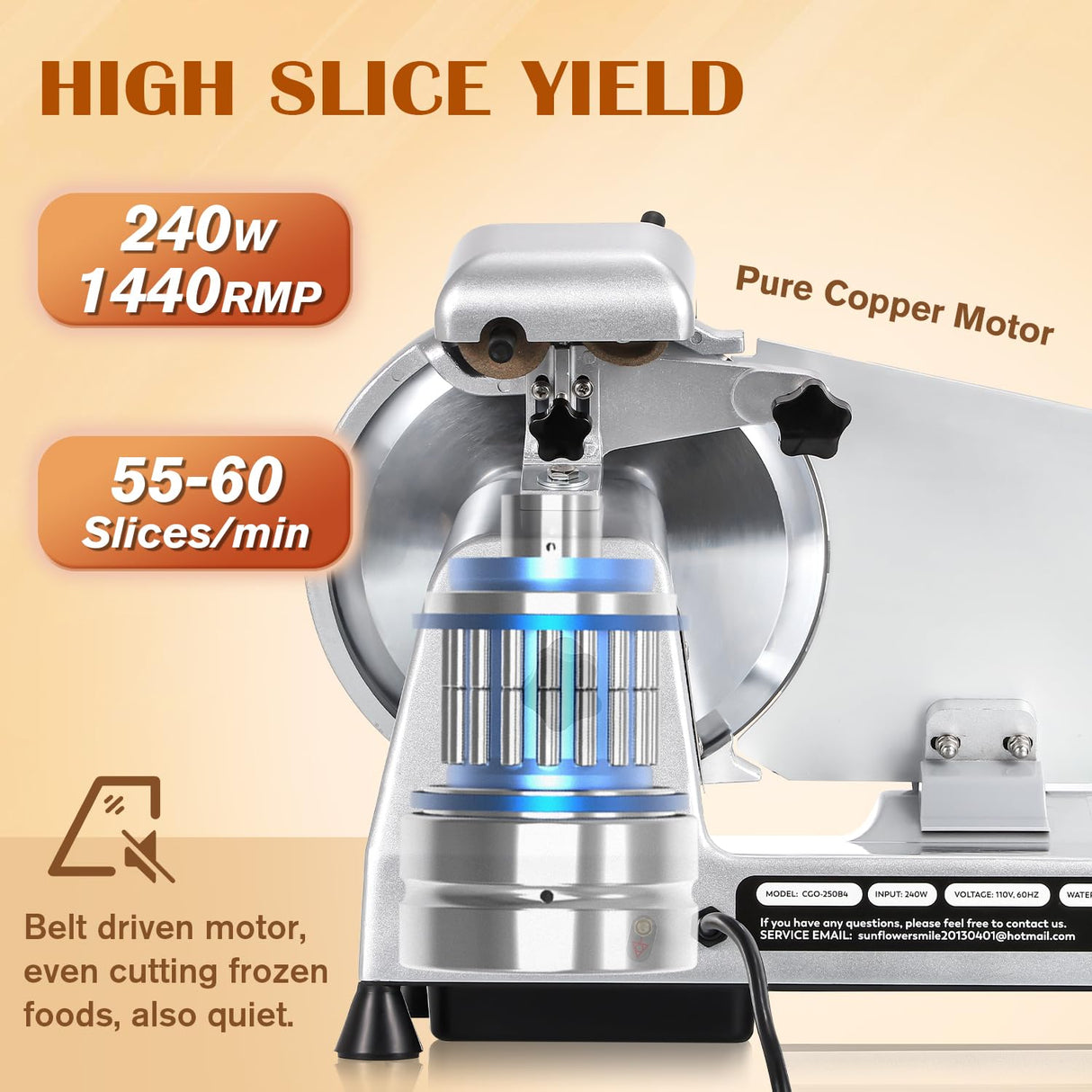 CGOLDENWALL Meat Slicer Machine 10" Commercial Meat Slicer 240W Electric Deli Meat Cheese Food Slicer 0-1/2" Adjustable Thickness Semi-Auto Frozen Meat Slicer for Home, Copper Motor Low Noise Durable CGOLDENWALL