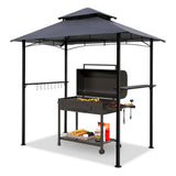GARTOO 8'x5' Outdoor Grill Gazebo - Double Roof BBQ Gazebo Canopy with 2 Side Shelves and LED Lights, Patio BBQ Pergola Shelter for Garden, Porch and Backyard (Grey) GARTOO
