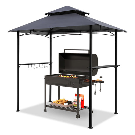GARTOO 8'x5' Outdoor Grill Gazebo - Double Roof BBQ Gazebo Canopy with 2 Side Shelves and LED Lights, Patio BBQ Pergola Shelter for Garden, Porch and Backyard (Grey) GARTOO