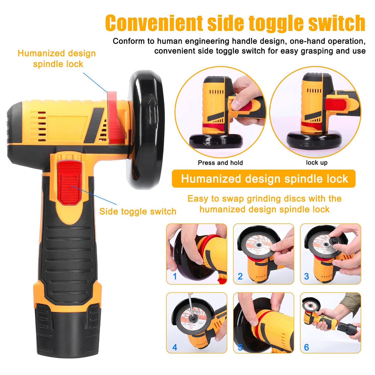 Angle Grinder, Geevorks Electric Grinding Tool 19500RPM, Mini Grinder Handheld Cutter for Cutting Polishing Ceramic Tile Wood Stone Steel, with 2 Cutting Disc/2PCS 1200mAh Battery, Yellow - WoodArtSupply