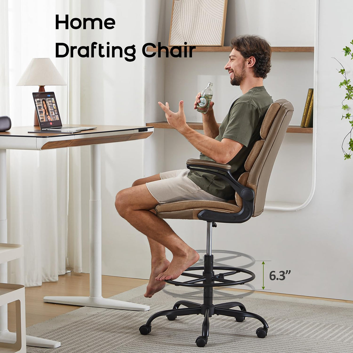 Drafting Chair Tall Office Chair with Padded Flip-up Armrests Executive Ergonomic Computer Standing Desk Chair with Comfortable Leather Backrest and Adjustable Footrest Ring (Tan) amseatec