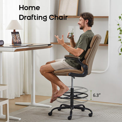 Drafting Chair Tall Office Chair with Padded Flip-up Armrests Executive Ergonomic Computer Standing Desk Chair with Comfortable Leather Backrest and Adjustable Footrest Ring (Tan) - WoodArtSupply