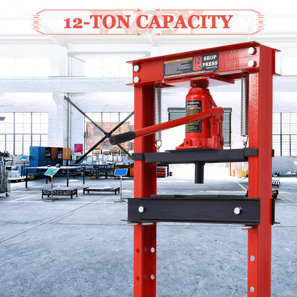 Tandagy 12 Ton Hydraulic Shop Press with Press Plates Heavy Duty Shop Press H-Frame Floor Mount Hydraulic Shop Press Adjustable Hydraulic Press (Red) - WoodArtSupply