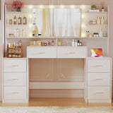 HUAHUU Large Vanity Desk with Mirror & Lights, White Makeup Vanity with 8 Drawers & 6 Storage Shelves, Vanity Set with LED Lights and Power Outlet, 3 Lighting Modes, Adjustable Brightness HUAHUU