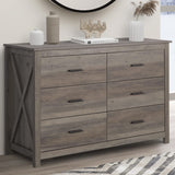 Vikiullf 6 Drawer Dresser - Farmhouse Dressers for Bedroom, Wooden Double Dresser, Storage Dressers Organizer for Bedroom, Living Room, Hallway, Entryway, Horizontal Dresser, Grey Vikiullf