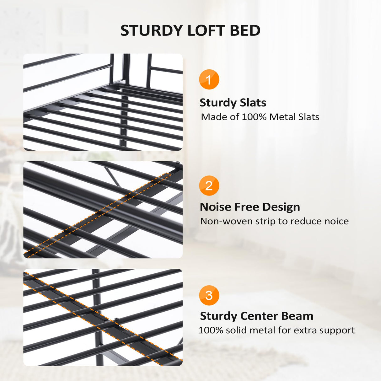 VINGLI Loft Bed Full Size with Flat Rungs for Adults, Kids and Young Teens, No Box Spring Required,Heavy Duty Metal Slat Support VINGLI
