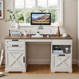 JanflyHome Executive Desk with File Storage Drawer, 63" Lift Top Farmhouse Home Office Gaming Desk with Charging Station, 3 Drawers Sensor Lights Wood Computer Table with Monitor Stand, Antique White JanflyHome