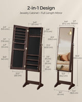 SONGMICS Mirror Jewelry Cabinet Armoire, Standing Full-Length Mirror, Lockable Jewelry Organizer, Gift Idea, Brown Surface and Black Lining UJJC69BR SONGMICS