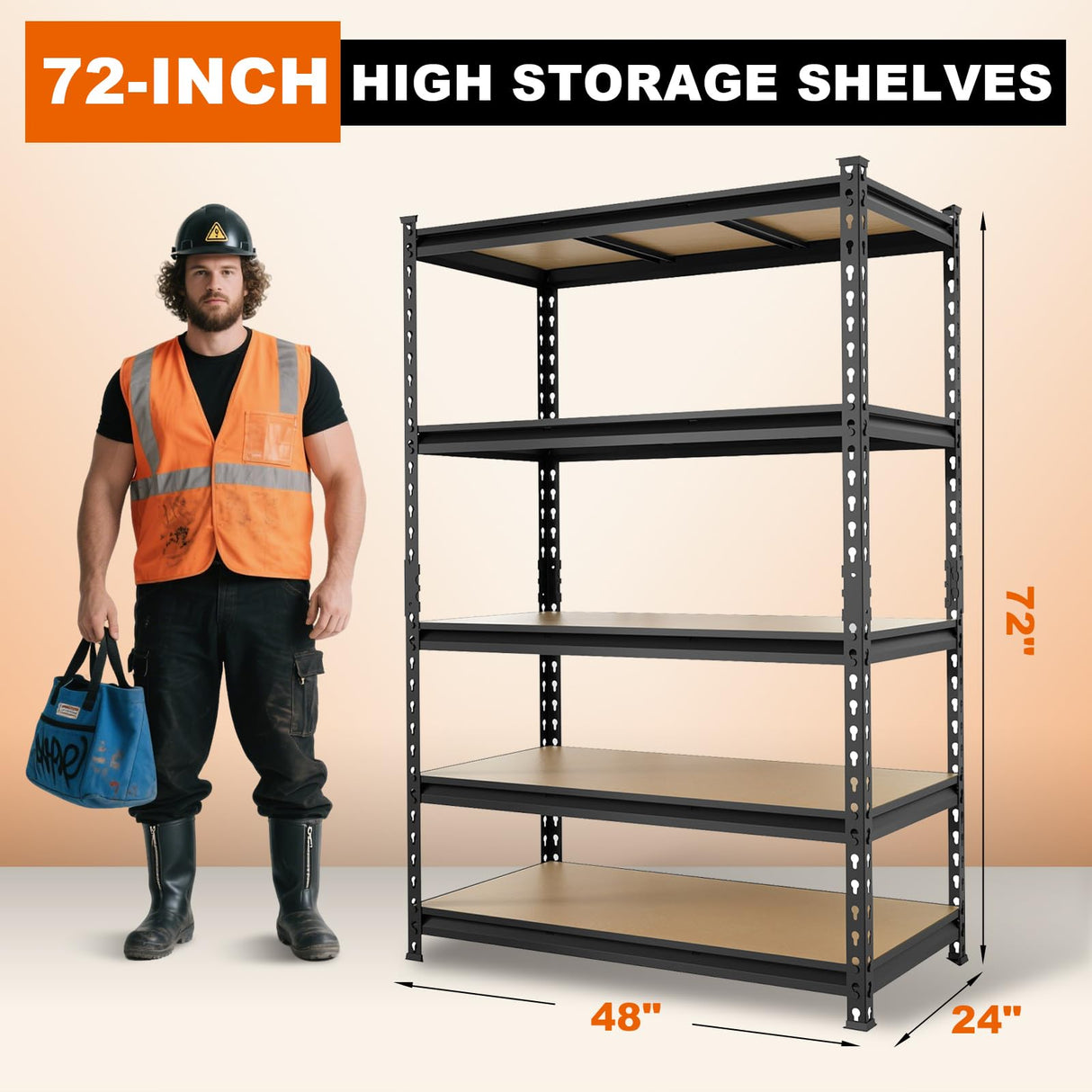 BIG RED Storage Shelving Unit, 5-Tier Adjustable, Heavy Duty Metal Garage Shelves/Utility Rack for Kitchen, Pantry, Basement, Bathroom, Laundry - 3,000lb Capacity, Black, 72" H x 48" W x 24" D BIG RED