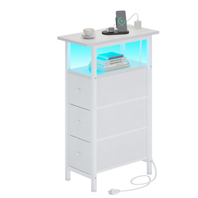 TRIFEBLE End Table with Charging Station, Narrow Side Table with 3 Fabric Drawers, Skinny Nightstand with LED Light, Slim Bedside Table for Bedroom, Living Room, Small Spaces, White