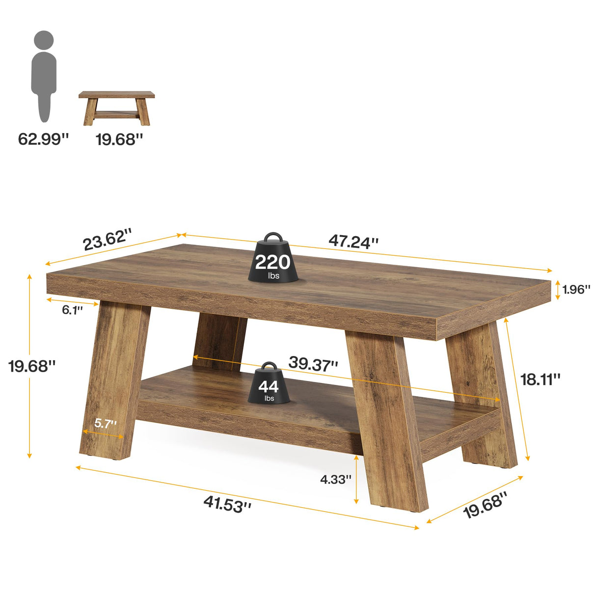 Tribesigns Farmhouse Coffee Table, Rustic Coffee Tables for Living Room, 47.24" Rectangular Wood Living Room Tables, 2-Tier Center Table with Storage for Apartment, Bedroom, Office (Rustic Brown) Tribesigns