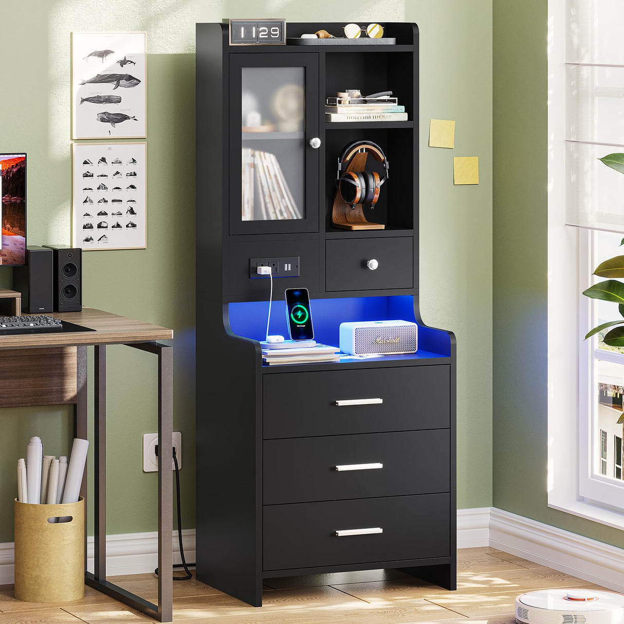 ADORNEVE Tall Night Stand with Charging Station and LED Lights,49.2" Nightstand with Bookshelf, Black Bedside Table with Drawers,End Side Table for Bedrooms ADORNEVE