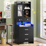 ADORNEVE Tall Night Stand with Charging Station and LED Lights,49.2" Nightstand with Bookshelf, Black Bedside Table with Drawers,End Side Table for Bedrooms ADORNEVE