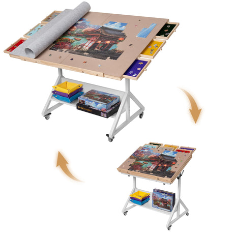 Tektalk 2000 Piece Foldable Puzzle Table with Height & Angle Adjustment, Jigsaw Puzzle Board with 2 Felt Cover & 8 Sorting Drawers, Tilting Puzzle Easel with Legs, Enclosed with 4 Roller Wheels Tektalk
