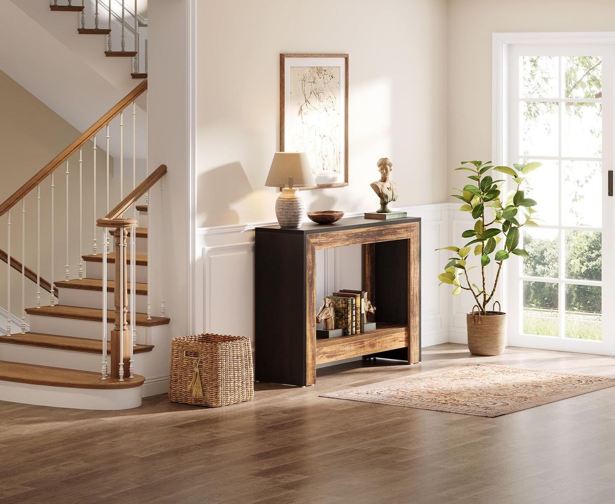 Tribesigns 41.3" Farmhouse Console Table, Behind Couch Sofa Table with Open Storage Shelves for Living Room, Hallway, Foyer, Easy Assembly, Black + Brown Tribesigns