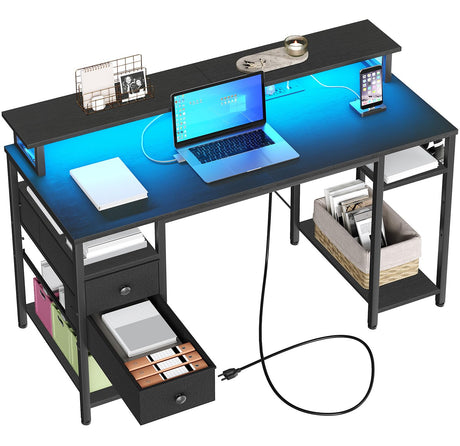 HOOBRO Computer Desk with LED Lights & Power Outlets, 47 inch Gaming Desk with Printer Storage Shelves and Drawers, Desk for Home Office, Study, Working, Black BB47UDDN01 HOOBRO